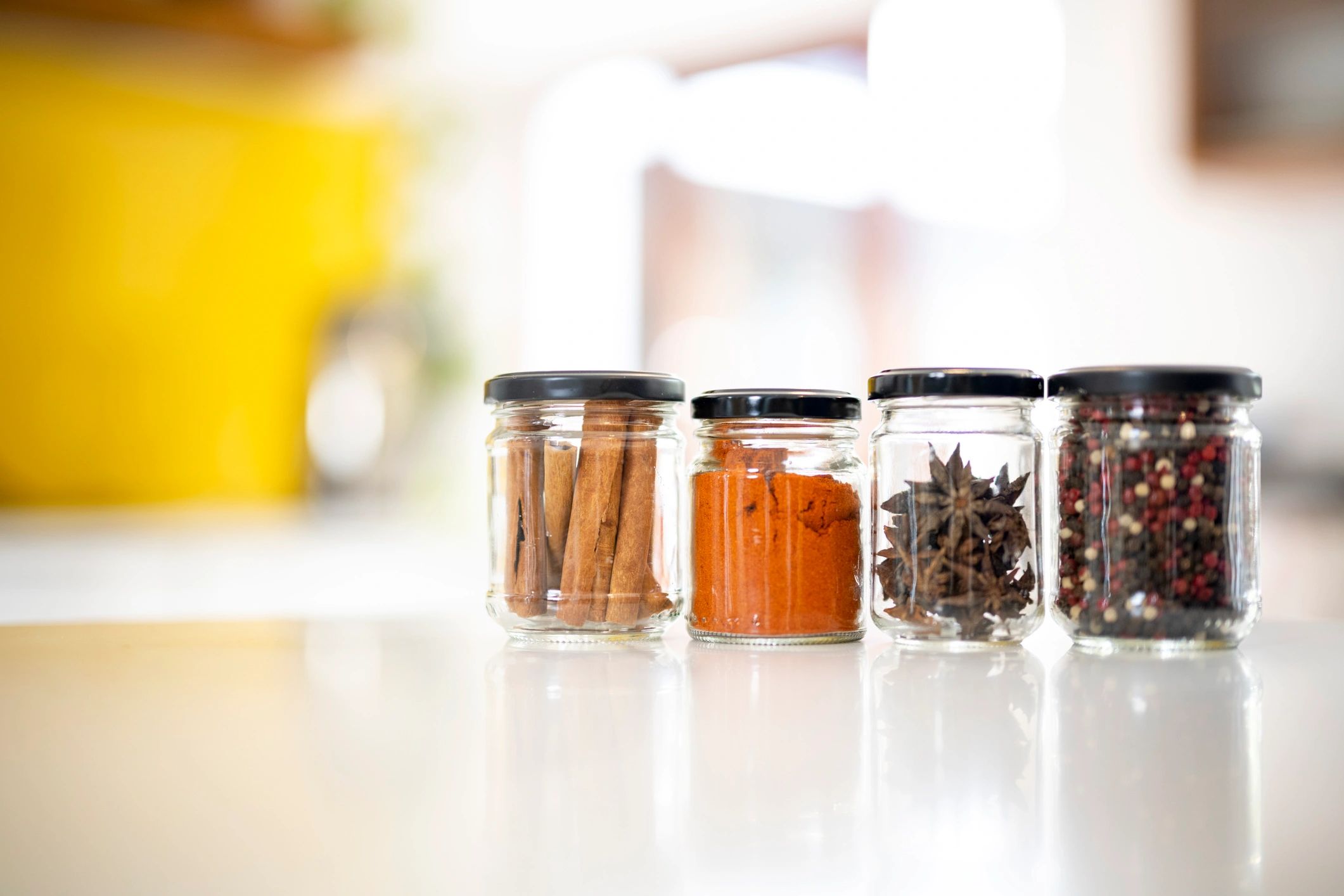 Pantry spices and ingredients on a kitchen counter